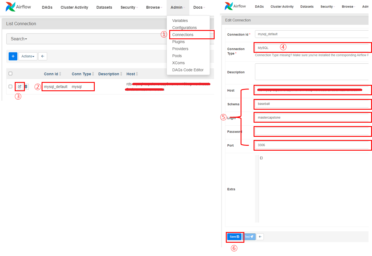 Airflow connections 에 mysql connection정보 등록